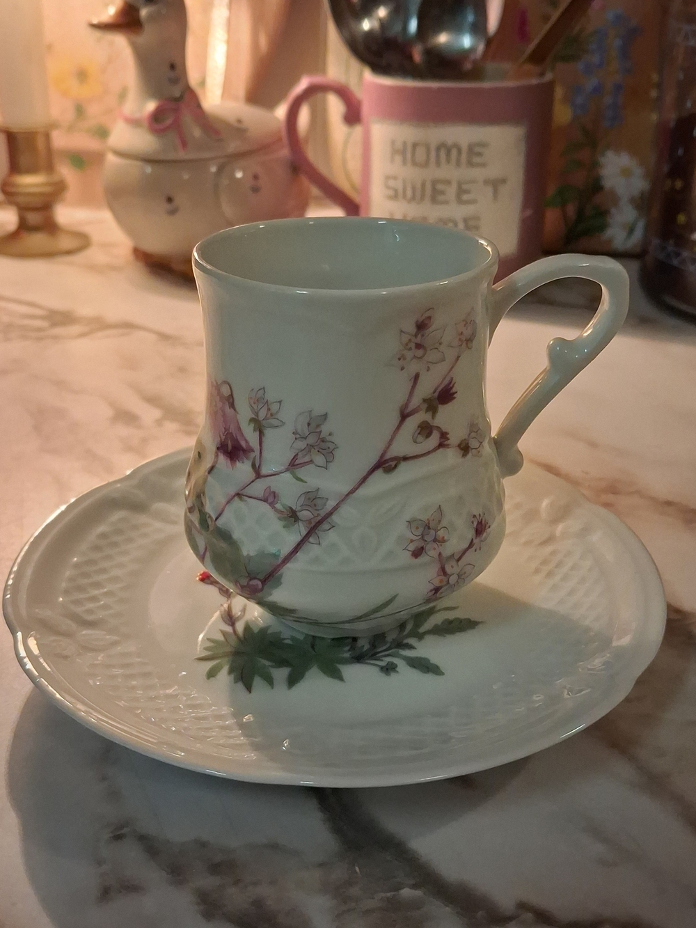 ☕️French Vintage Porcelain Demitasse Cup and Saucer- Unusual Floral Design💐